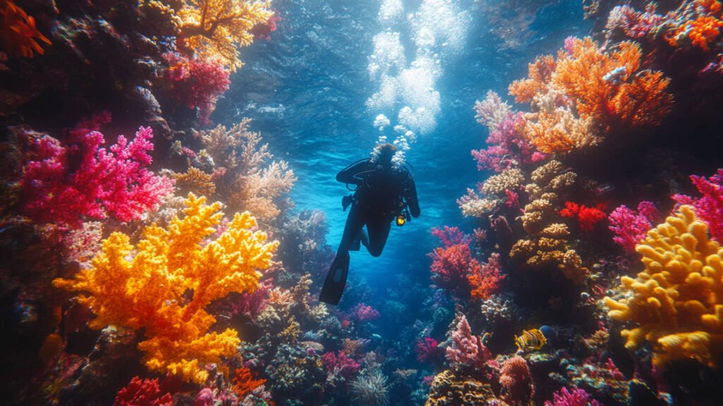 An underwater scene featuring a scuba diver wearing a high-quality wetsuit, surrounded by colorful coral reefs and marine life, showcasing the excitement of diving with the best gear.