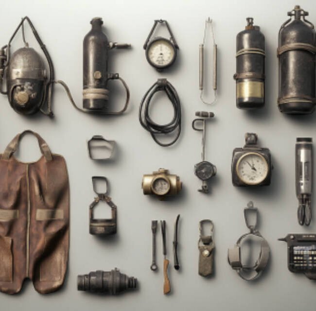 an image showcasing a timeline of scuba diving equipment evolution, from ancient breath-holding techniques to early diving bells, followed by early scuba gear and modern diving equipment like dive computers and rebreathers