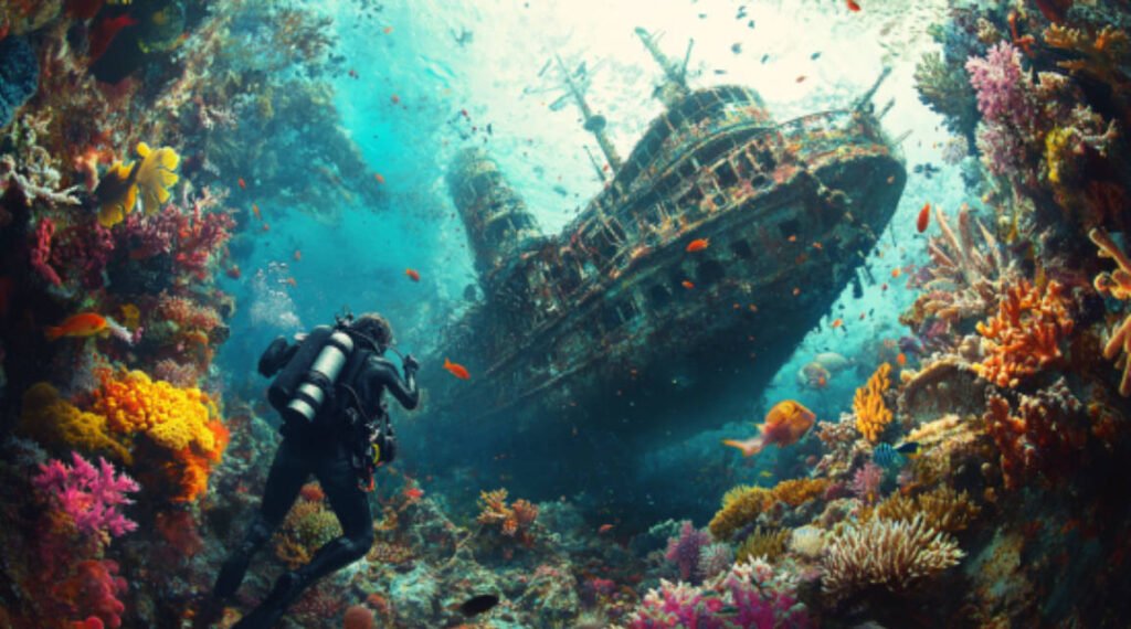 A diver studying a shipwreck that has transformed into a vibrant artificial reef, with colorful corals and fish surrounding the wreck.