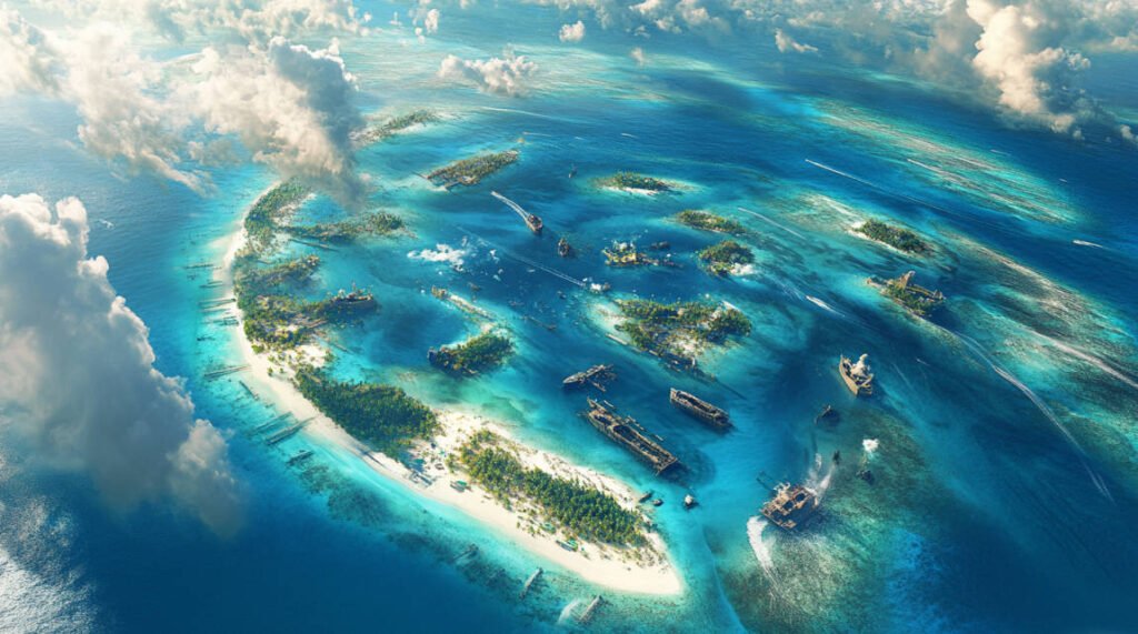 an aerial view of a Maldivian atoll, showing multiple dive sites with visible shipwrecks underwater, surrounded by bright blue ocean and white sandy beaches