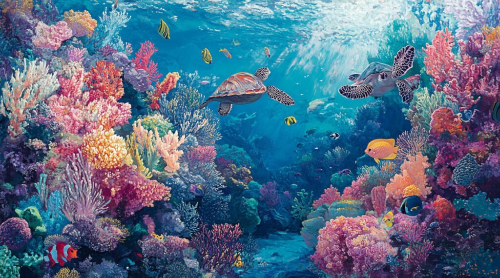 A colorful underwater scene showing healthy coral reefs teeming with diverse marine life, including tropical fish, sea turtles, and vibrant coral formations, in crystal-clear blue waters.