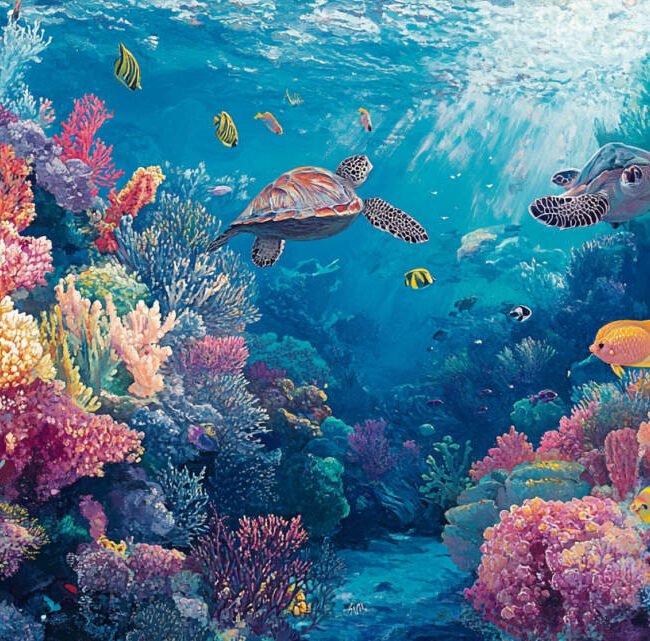 A colorful underwater scene showing healthy coral reefs teeming with diverse marine life, including tropical fish, sea turtles, and vibrant coral formations, in crystal-clear blue waters.