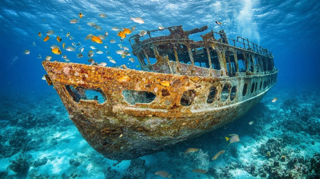 An underwater shot of the Rannamari Wreck, with schools of fish swimming around the structure.