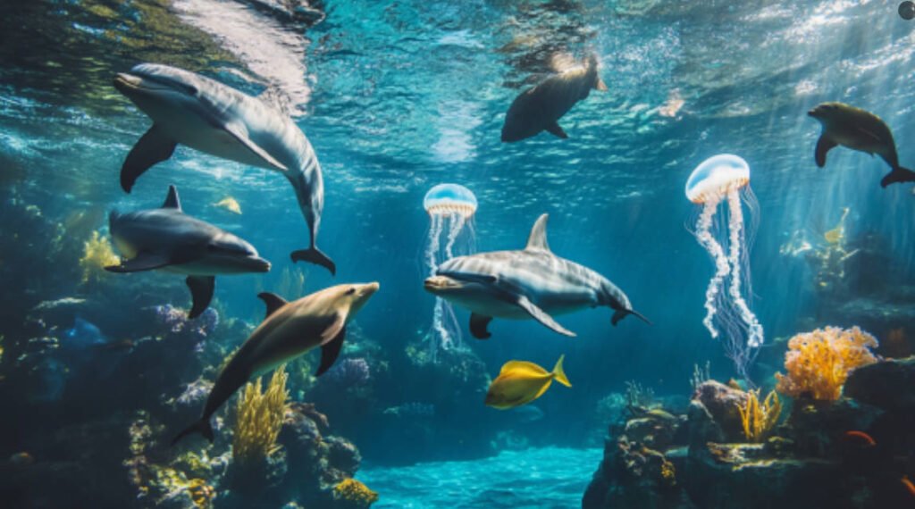 An underwater scene with various marine life forms such as dolphins, sharks, jellyfish, and sea lions swimming in harmony, highlighting ocean biodiversity.