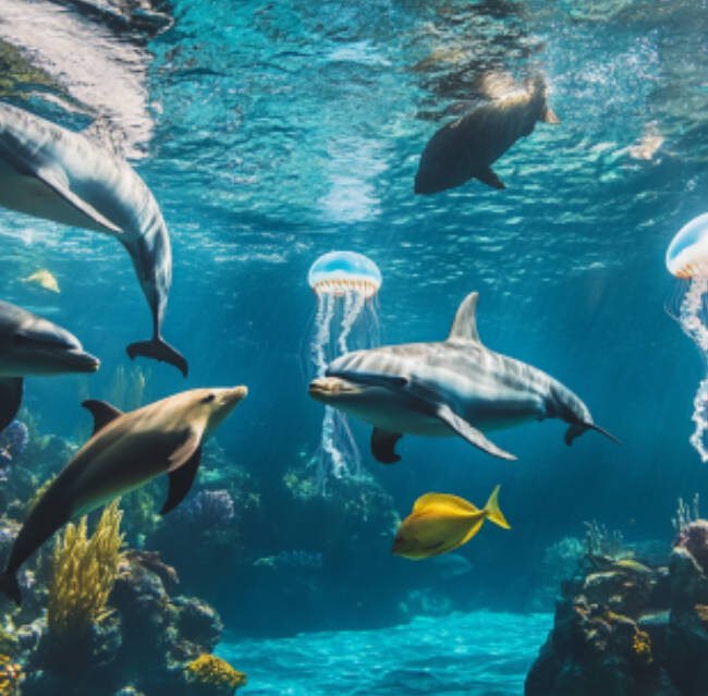 An underwater scene with various marine life forms such as dolphins, sharks, jellyfish, and sea lions swimming in harmony, highlighting ocean biodiversity.