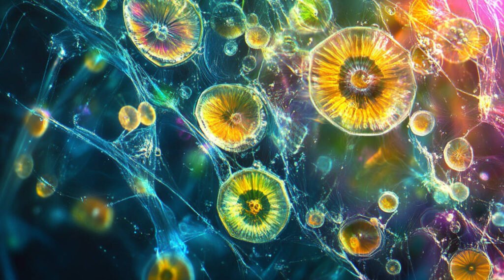 an image of phytoplankton under a microscope, highlighting their microscopic structure and vibrant colors.