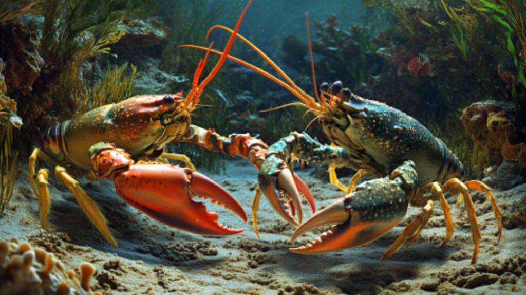 an image of a lobster and crab in their natural habitat on the ocean floor, showing their ecological role in the marine ecosystem.