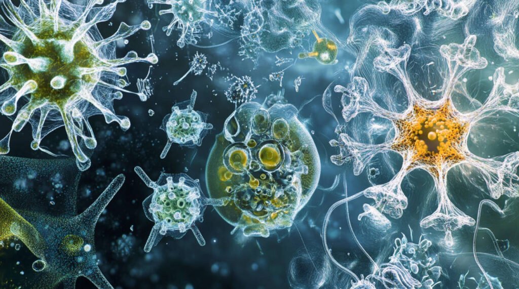 an image showing the interconnectedness of microorganisms in the ocean, including plankton, bacteria, and protists.