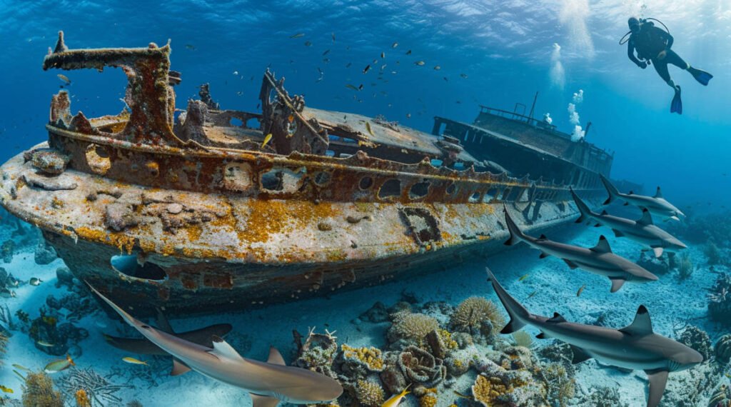 A diver swimming past the Machchafushi Wreck, with sharks gliding through the water nearby.