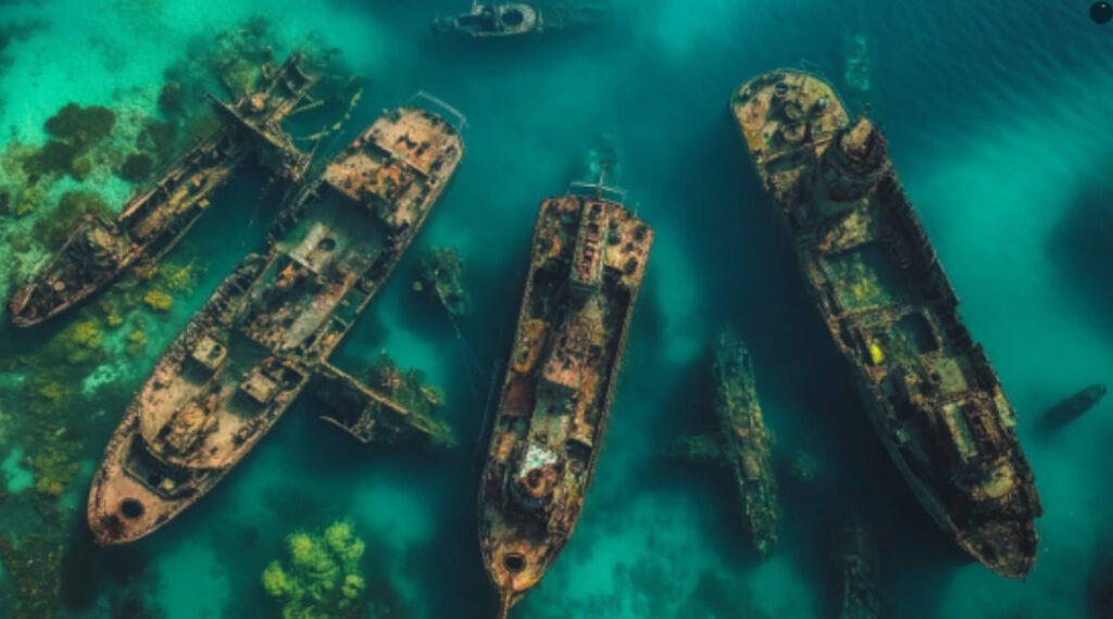 An aerial shot of the Shipyard wrecks, showing multiple shipwrecks surrounded by abundant marine life.