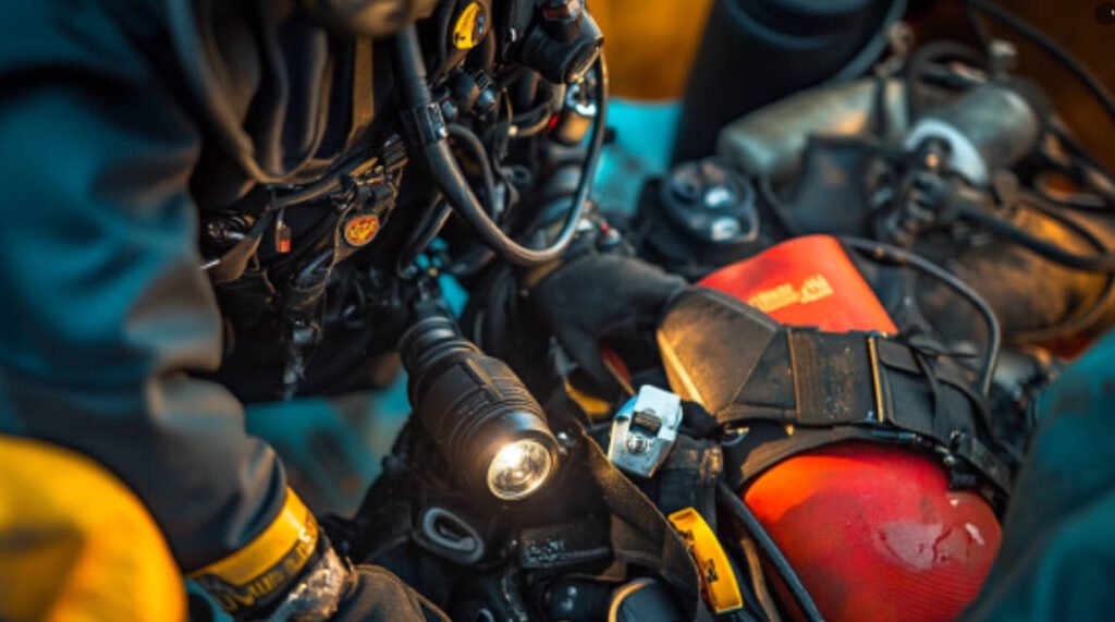 A diver preparing for a wreck dive, assembling their equipment with a bright dive light and BCD visible.