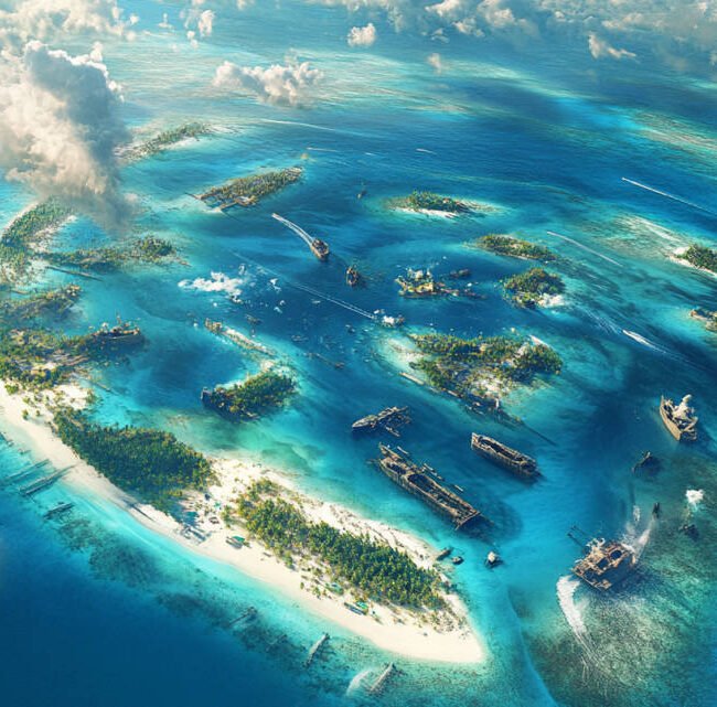 an aerial view of a Maldivian atoll, showing multiple dive sites with visible shipwrecks underwater, surrounded by bright blue ocean and white sandy beaches