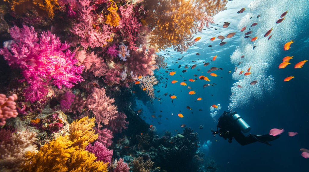 A diver exploring the Maldives Victory wreck, with schools of fish and soft corals around the structure.