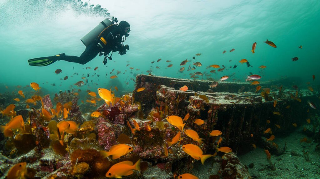 A diver hovering above the West Rock Cargo Wreck, with a variety of fish swimming near the structure.