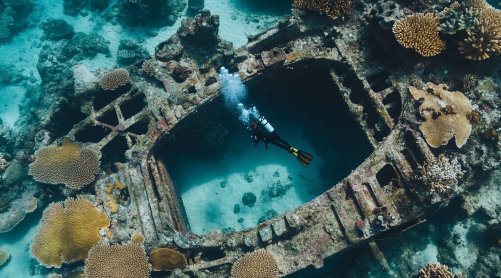 A Kagi Resort diver exploring the Gaafaru Wreck with vibrant coral gardens surrounding the site.