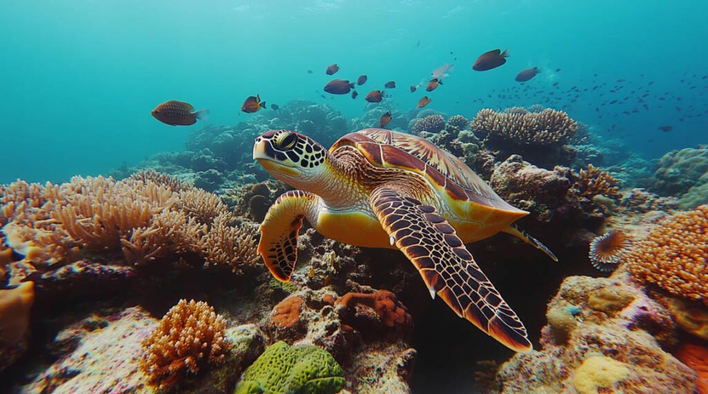 Generate an image of a breathtaking underwater scene with a mix of colorful corals, sea turtles, and schooling fish to highlight the diversity found in the Philippines’ top dive sites.