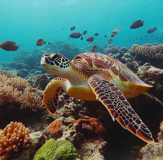 Generate an image of a breathtaking underwater scene with a mix of colorful corals, sea turtles, and schooling fish to highlight the diversity found in the Philippines’ top dive sites.