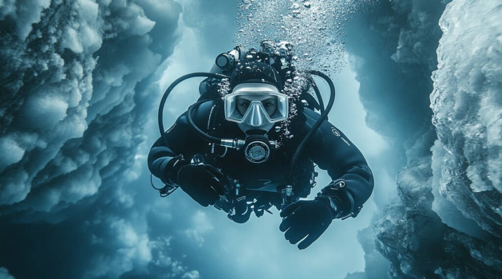 an image of a diver underwater using a high-quality ice diving regulator surrounded by ice formations, emphasizing the regulator’s durability and design.