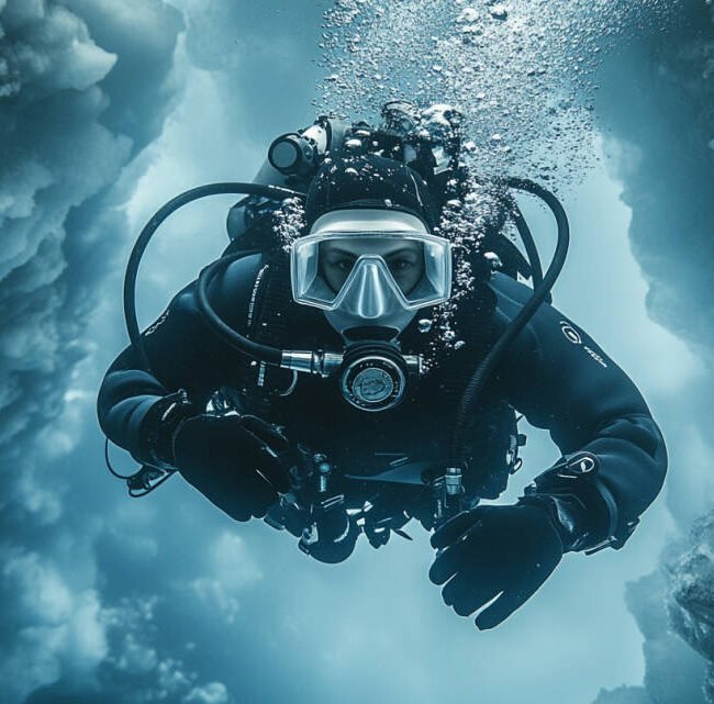 an image of a diver underwater using a high-quality ice diving regulator surrounded by ice formations, emphasizing the regulator’s durability and design.