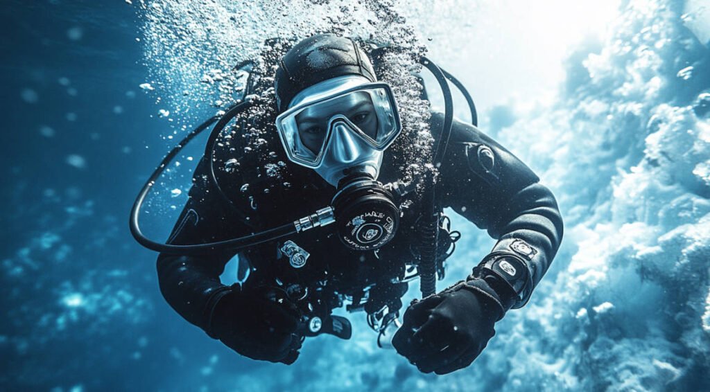 an image showing an ice diver using a specialized regulator underwater, surrounded by ice and cold water.