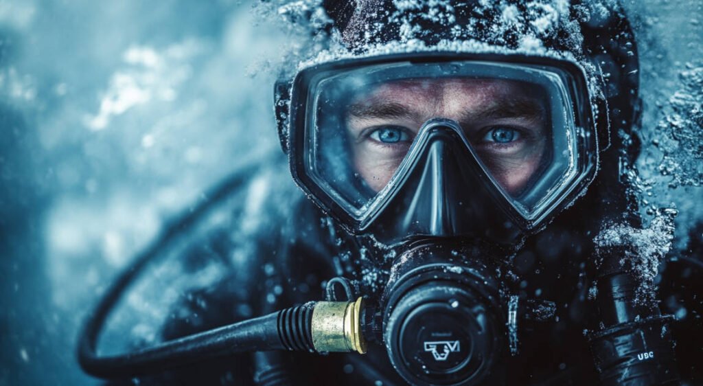 an image showing a diver holding a certified ice diving regulator, with visible certification marks and user review icons in the background.