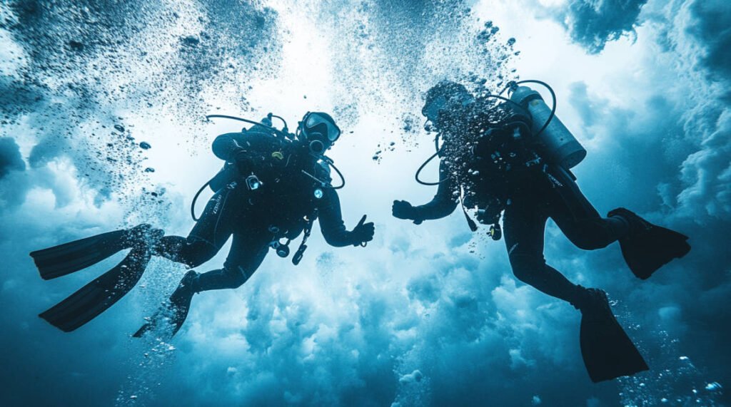 an image of two divers signaling each other underwater, with visible attention to their ice diving regulators and a safety line connected to the surface.