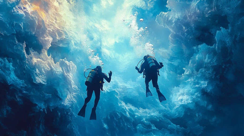 an image of two divers underwater using hand signals, with ice formations visible above them and a safety line connecting them to the surface.