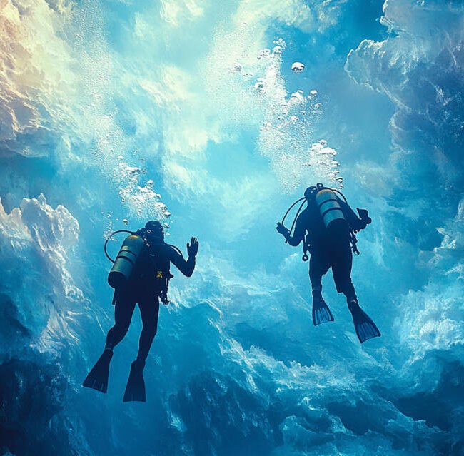 an image of two divers underwater using hand signals, with ice formations visible above them and a safety line connecting them to the surface.