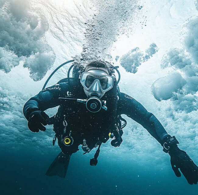 an image of a diver under a frozen lake practicing advanced buoyancy control, with clear ice formations above and a safety line connected to the surface.