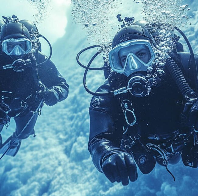 an image of two ice divers underwater in full gear, communicating with hand signals and tethered to safety lines, with the icy blue environment in the background