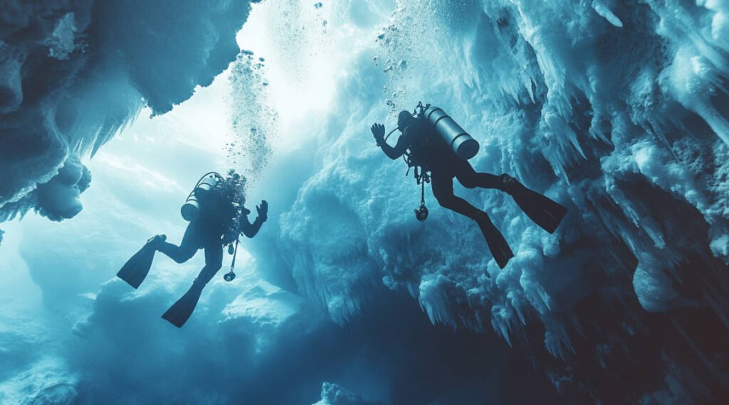 Generate an image of two ice divers communicating underwater using hand signals and rope signals, with a backdrop of ice formations above them