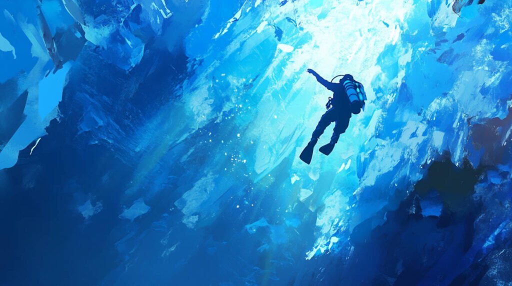 an image of an ice diver exploring beneath the clear, thick ice of Lake Baikal with beams of sunlight filtering through, showcasing underwater formations and vibrant blue ice