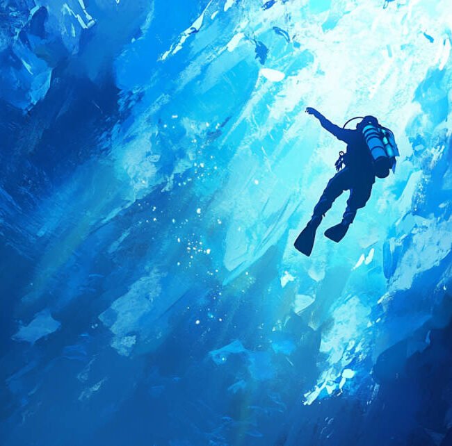 an image of an ice diver exploring beneath the clear, thick ice of Lake Baikal with beams of sunlight filtering through, showcasing underwater formations and vibrant blue ice