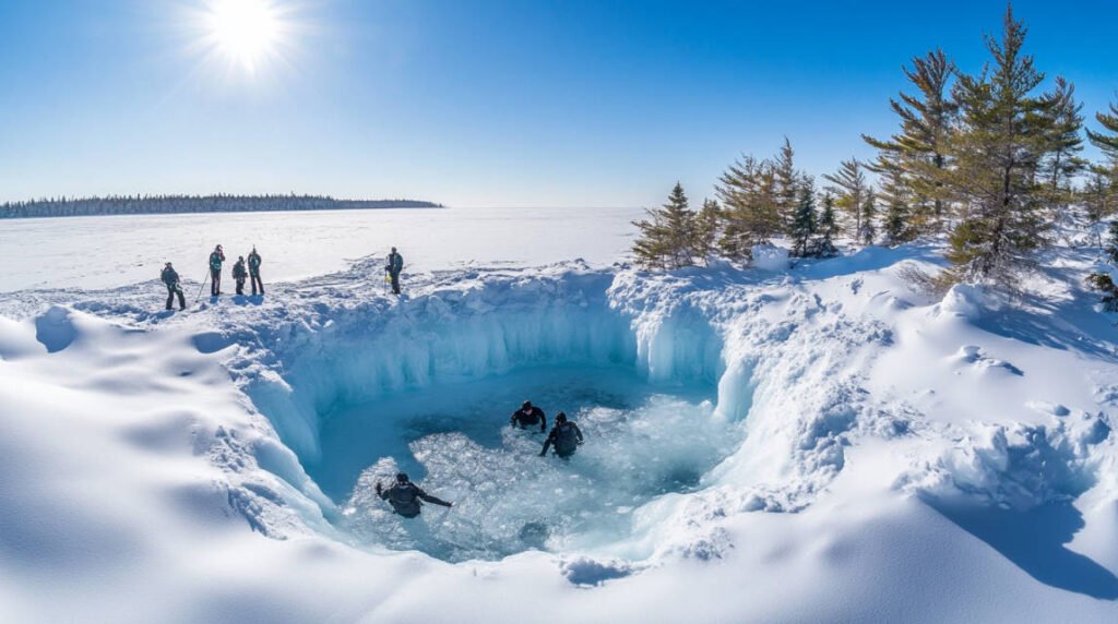 A panoramic view of ice divers preparing to enter a perfectly cut hole in the thick ice of Georgian Bay, surrounded by a snowy landscape and evergreen trees under a clear blue sky