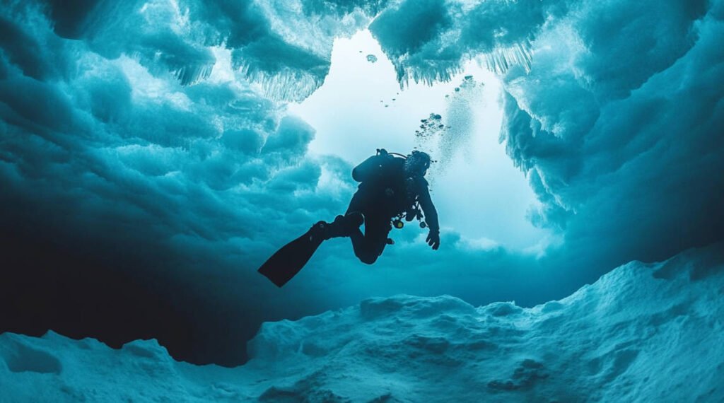 an image featuring a diver beneath the ice in the Arctic, surrounded by glistening ice formations with rays of sunlight filtering through, capturing the unique atmosphere of Arctic ice diving.