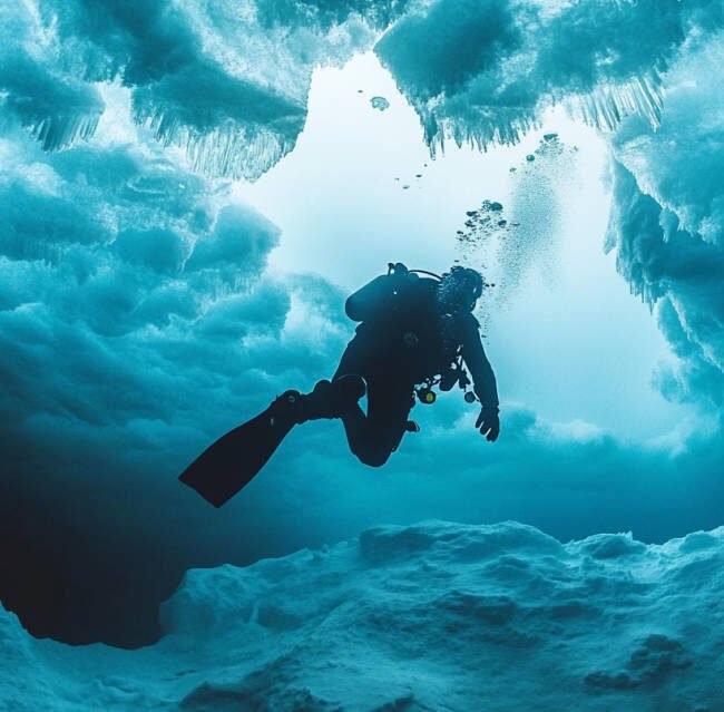 an image featuring a diver beneath the ice in the Arctic, surrounded by glistening ice formations with rays of sunlight filtering through, capturing the unique atmosphere of Arctic ice diving.