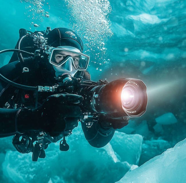 An underwater scene showing a diver wearing a high-quality dry suit and cold-water regulator, holding a professional DSLR camera housed in a rugged waterproof casing. The diver is capturing footage of intricate ice formations with powerful video lights illuminating the area beneath the ice.