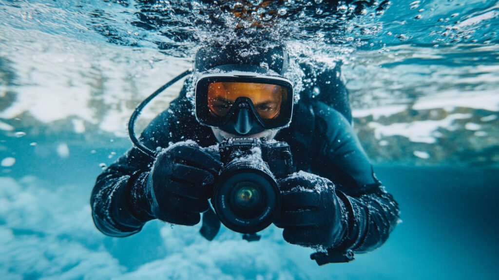 A photographer changing camera batteries underwater, demonstrating the need for extra batteries due to cold-induced drain.