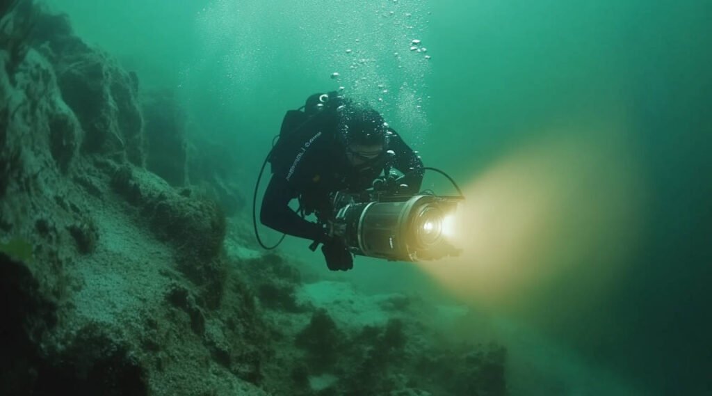 A diver capturing video footage under the ice using a camera equipped with powerful continuous lights, revealing the clarity and detail of the underwater world.