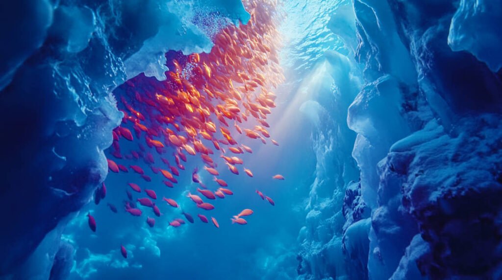 An underwater scene where a diver uses a powerful strobe to illuminate a school of fish beneath the ice, revealing vibrant colors.