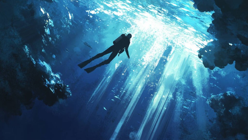 A diver silhouetted against the shimmering ice ceiling, with rays of sunlight piercing through and illuminating the scene.