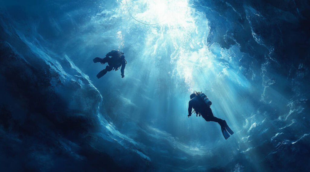 Two divers under the ice, connected by a safety line, signaling to each other with the ice ceiling visible above and beams of light filtering through.