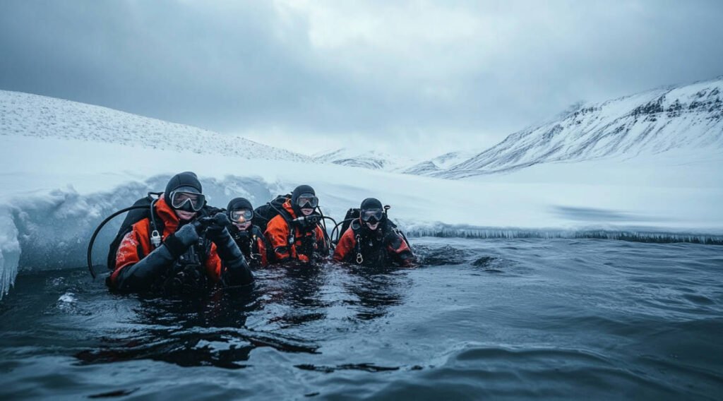 A group of divers exiting the ice hole after a successful dive, smiles visible even through their gear, with the snowy landscape stretching out behind them.