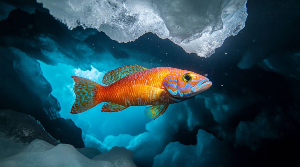 A vivid photograph of a colorful Arctic fish swimming beneath the ice, illuminated by the diver's lighting equipment against a backdrop of icy formations.