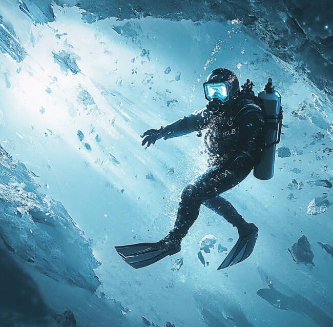 Ice diver in a dry suit under a frozen surface with sunlight filtering through ice, cool blue tones, and '2024' subtly displayed.