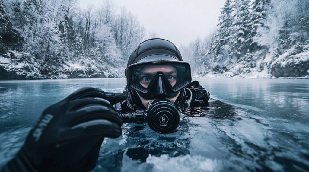 A diver adjusting their full-face mask with an integrated communication system while wearing thermal gloves and a dry suit. The background features a frozen lake with snow-covered trees and a well-prepared ice hole for diving. The diver is setting up their underwater camera on a stabilizing tray, highlighting the preparation process for ice diving photography.