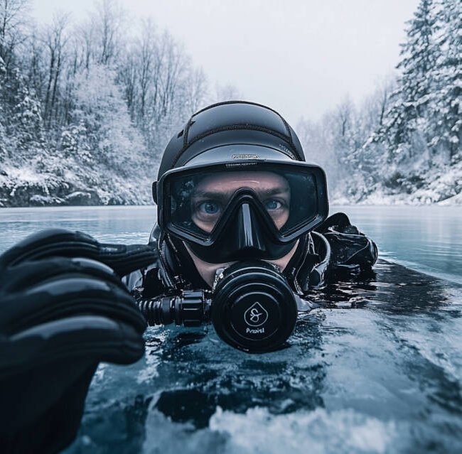 A diver adjusting their full-face mask with an integrated communication system while wearing thermal gloves and a dry suit. The background features a frozen lake with snow-covered trees and a well-prepared ice hole for diving. The diver is setting up their underwater camera on a stabilizing tray, highlighting the preparation process for ice diving photography.