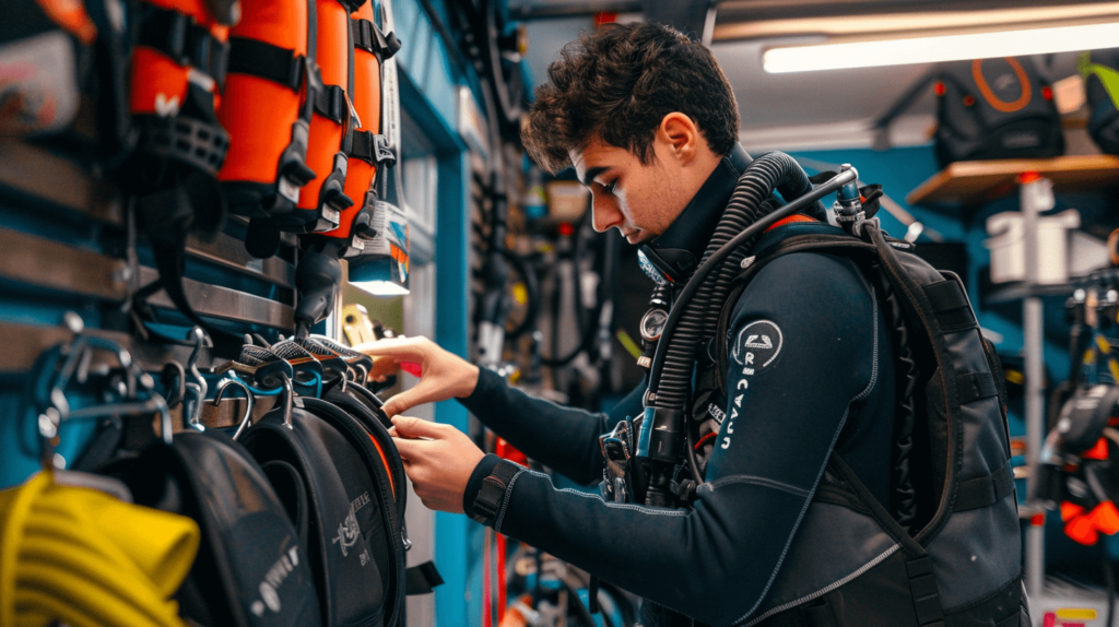 Complete Scuba Diving Certification Process: A Step-by-Step Guide 46 A diver trying on different pieces of scuba equipment at a dive shop
