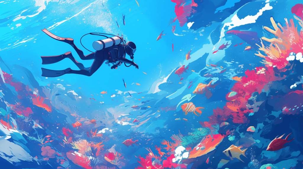 A vibrant underwater scene showing a diver exploring coral reefs, with clear blue water, tropical fish, and colorful marine life, representing the physical and mental health benefits of scuba diving