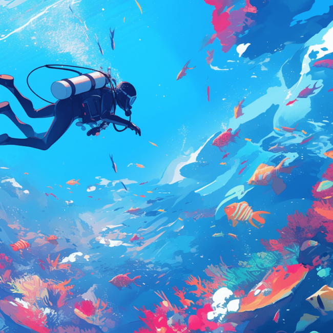 A vibrant underwater scene showing a diver exploring coral reefs, with clear blue water, tropical fish, and colorful marine life, representing the physical and mental health benefits of scuba diving